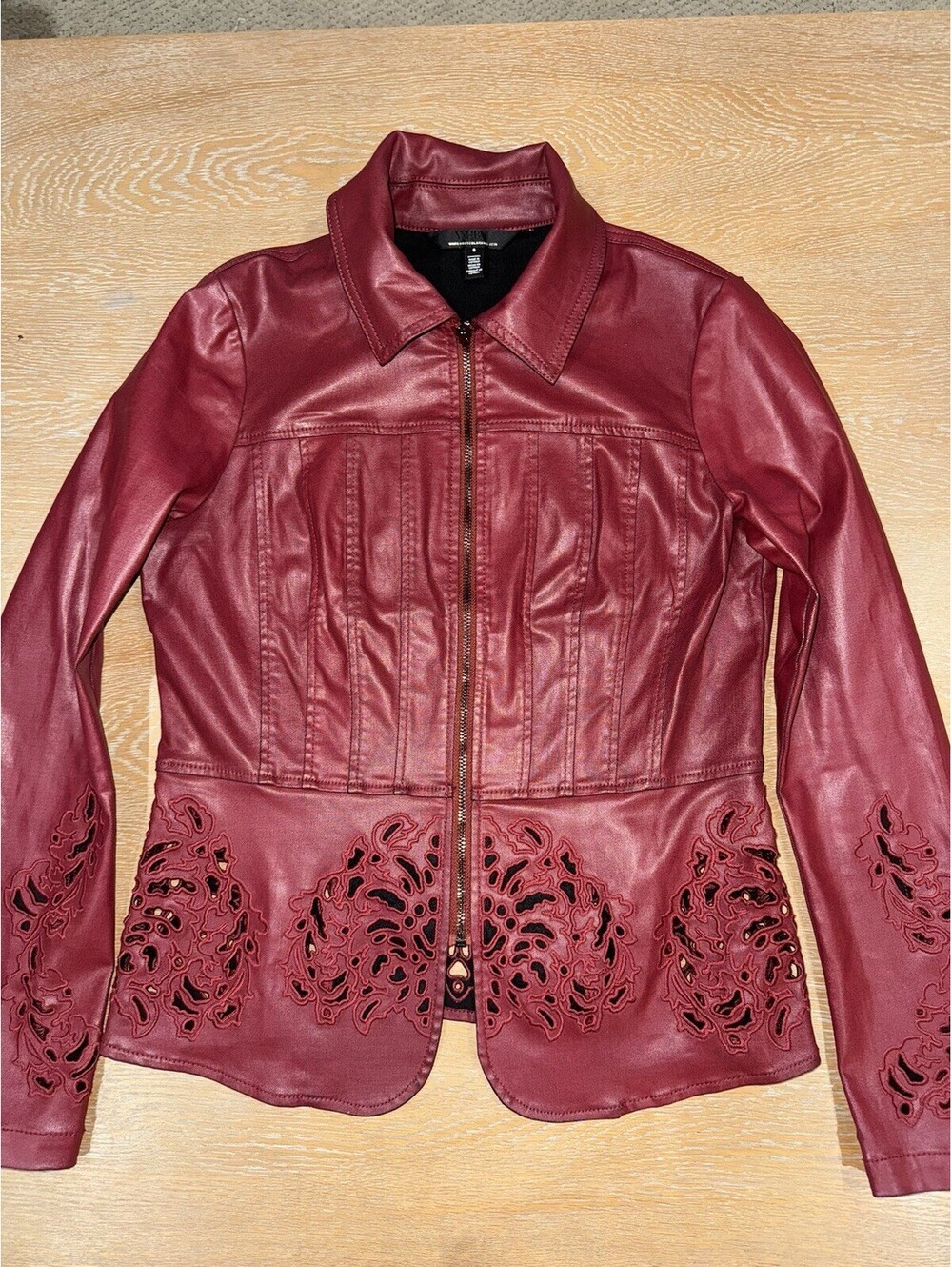 White House Black Market Cutwork Coated Flirty Jacket Dark Red Size 8